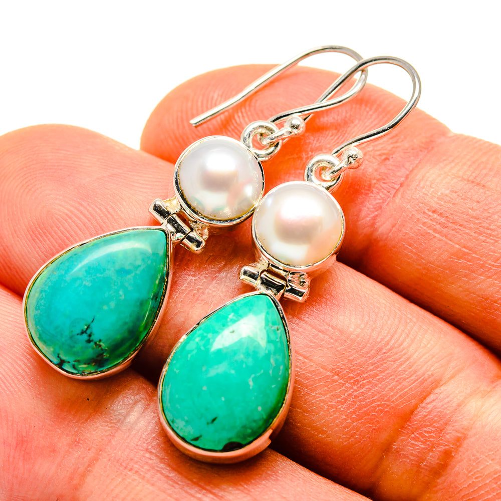 Arizona Turquoise, Cultured Pearl Earrings 1 1/2