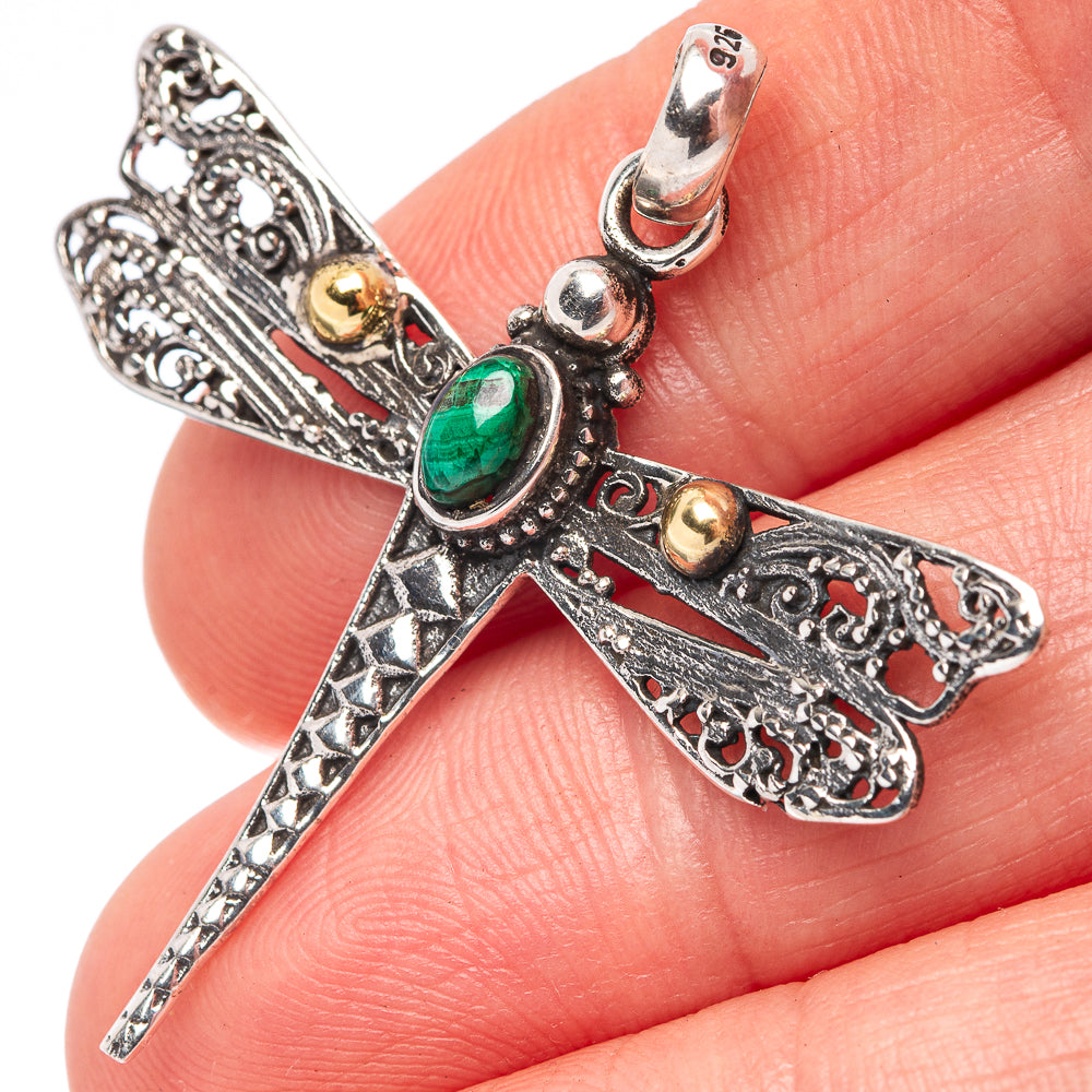 Dainty Malachite Dragonfly Pendant 1 5/8" (.925 Sterling Silver)