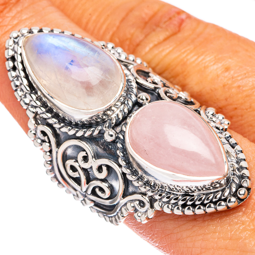 Signature Rainbow Moonstone, Rose Quartz Ring Size 8 (925 Sterling Silver) R3541