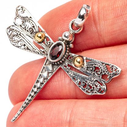 Dainty Garnet Dragonfly Pendant 1 5/8" (.925 Sterling Silver)