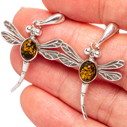 Baltic Amber Dragonfly Earrings 1 3/8" (.925 Sterling Silver)