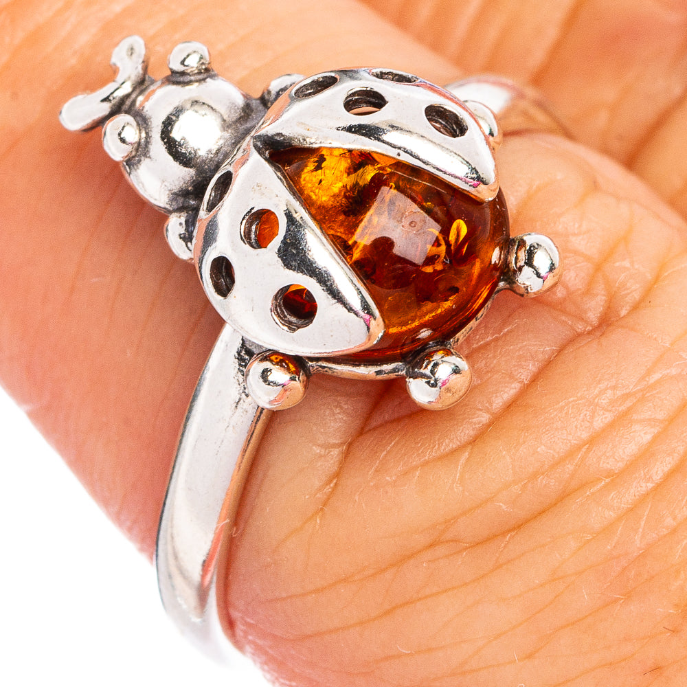 Baltic Amber Ladybug Ring Size 7.25 (.925 Sterling Silver)