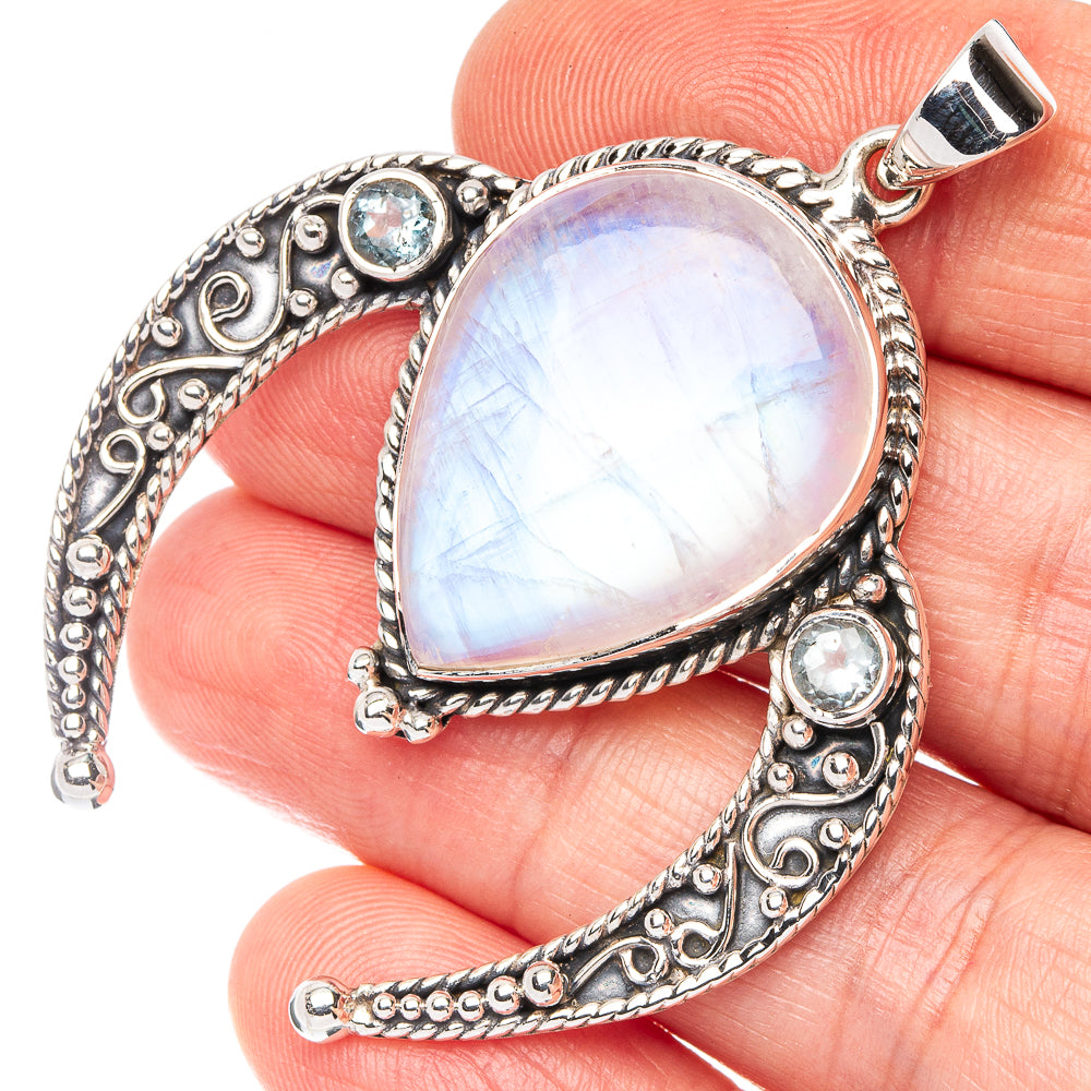 Signature Rainbow Moonstone, Blue Topaz Pendant 2" (925 Sterling Silver) P45030