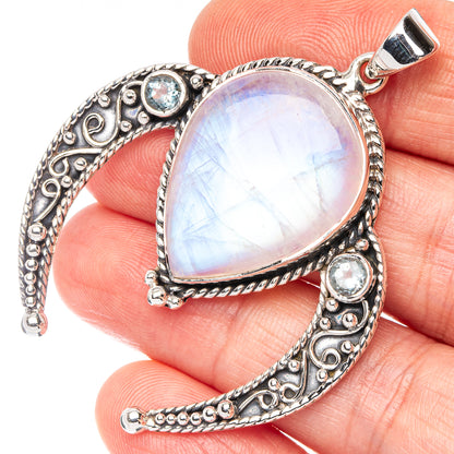 Signature Rainbow Moonstone, Blue Topaz Pendant 2" (925 Sterling Silver) P45030