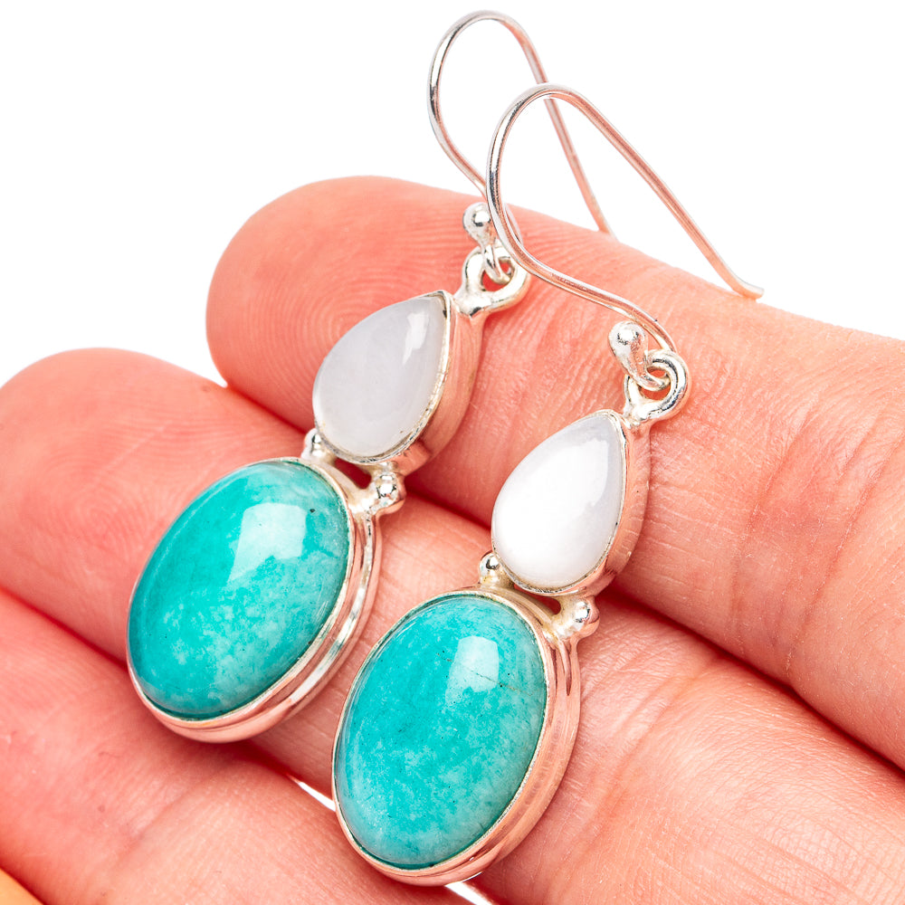 Amazonite, Rainbow Moonstone Earrings 1 5/8" (925 Sterling Silver) E2756