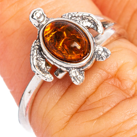 Baltic Amber Sea Turtle Ring Size 6 Adjustable (.925 Sterling Silver)