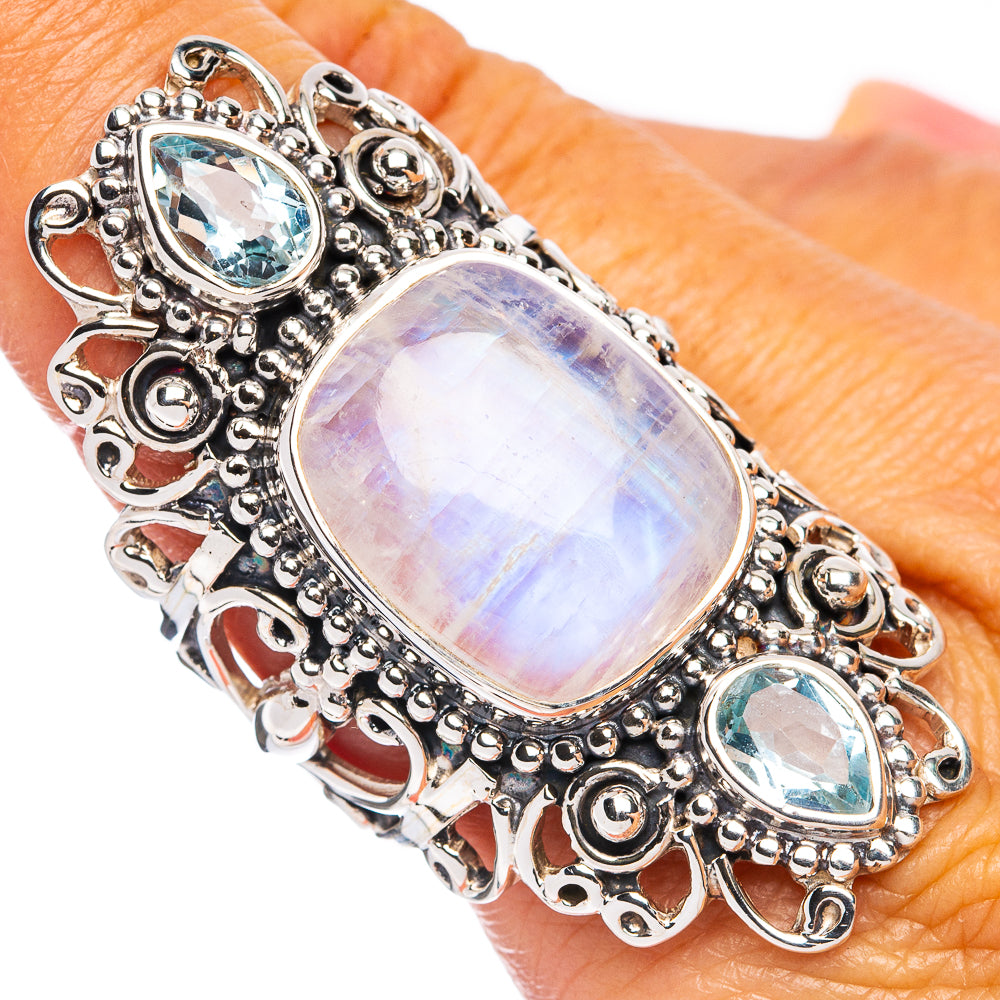 Signature Rainbow Moonstone, Blue Topaz Ring Size 9 (925 Sterling Silver) R8135