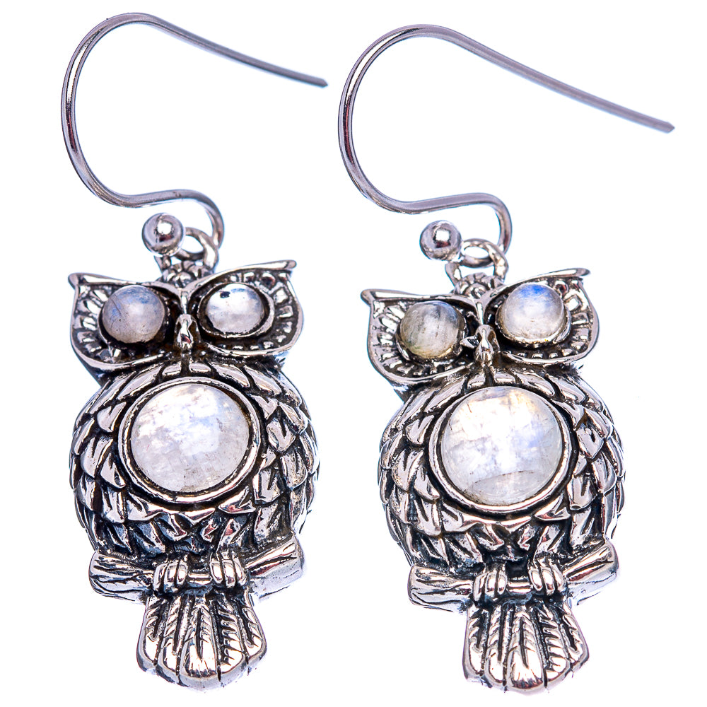 Dainty Rainbow Moonstone Owl Earrings 1 1/2" (.925 Sterling Silver)