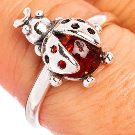 Baltic Amber Ladybug Ring Size 8.5 (.925 Sterling Silver)