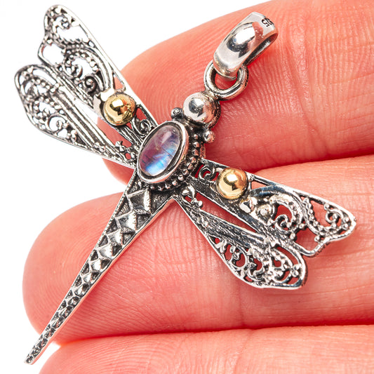 Dainty Rainbow Moonstone Dragonfly Pendant 1 5/8" (.925 Sterling Silver)