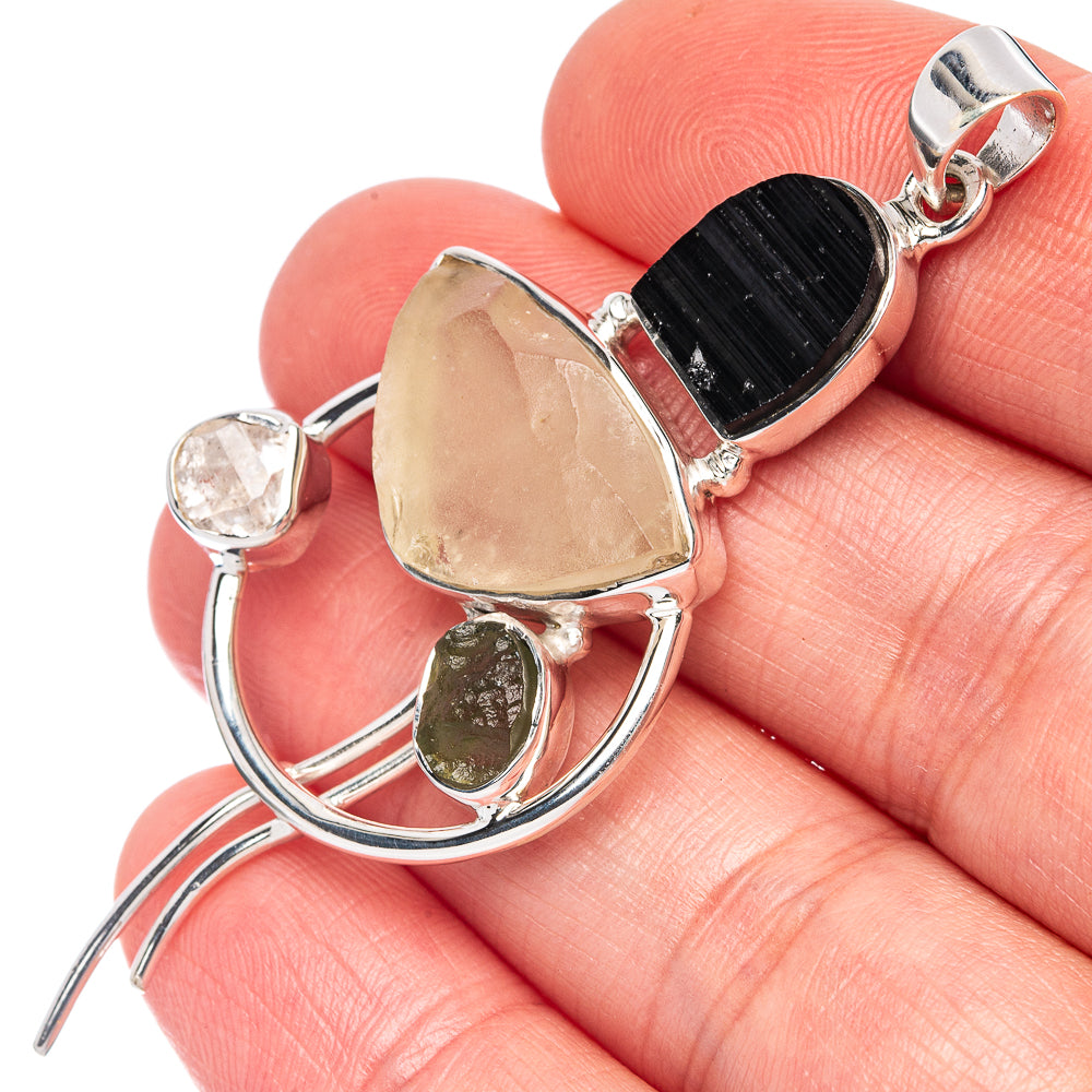 Signature Moldavite, Libyan Desert Glass, Black Tourmaline, Herkimer Diamond Pendant 2 1/2" (925 Sterling Silver) P44661