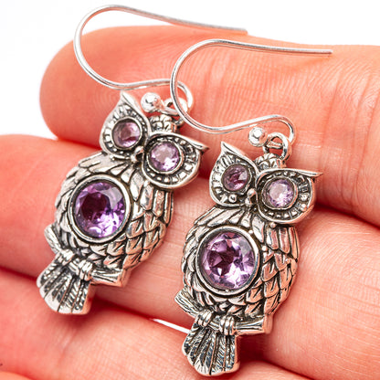 Dainty Amethyst Owl Earrings 1 1/2" (.925 Sterling Silver)