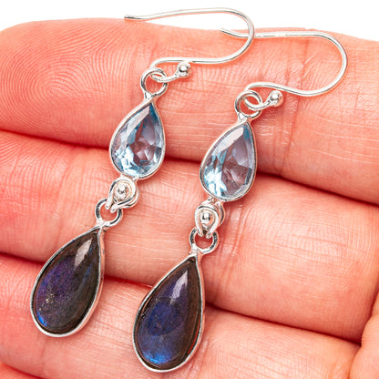 Labradorite, Blue Topaz Earrings 1 7/8" (.925 Sterling Silver)