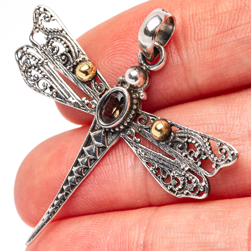 Dainty Smoky Quartz Dragonfly Pendant 1 5/8" (.925 Sterling Silver)