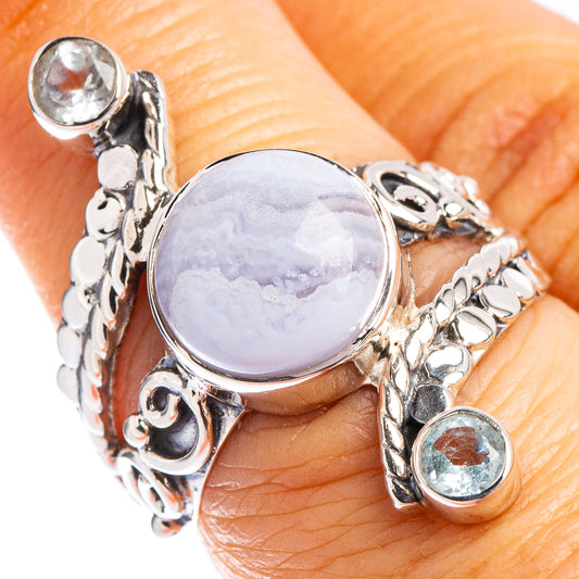 Premium Blue Lace Agate, Blue Topaz Ring Size 6.75 (.925 Sterling Silver)