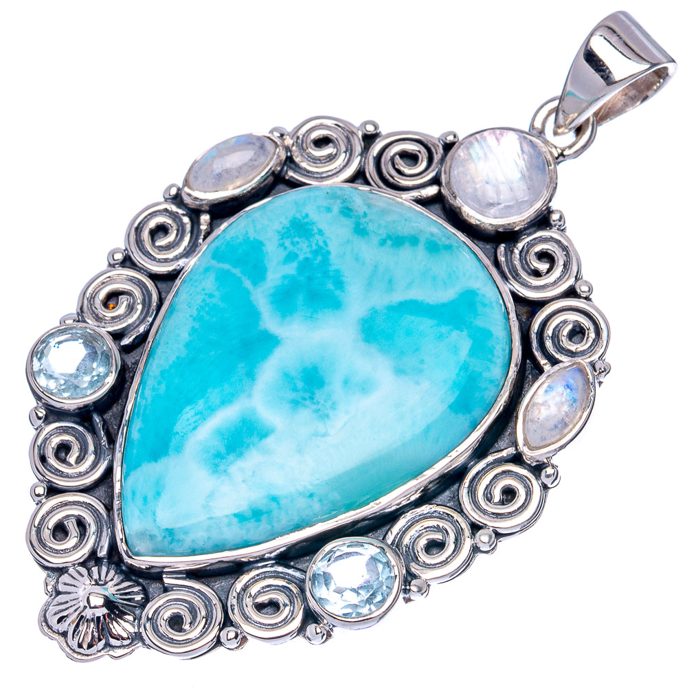 Signature Larimar, Rainbow Moonstone, Blue Topaz Pendant 2 1/8" (925 Sterling Silver) P42285