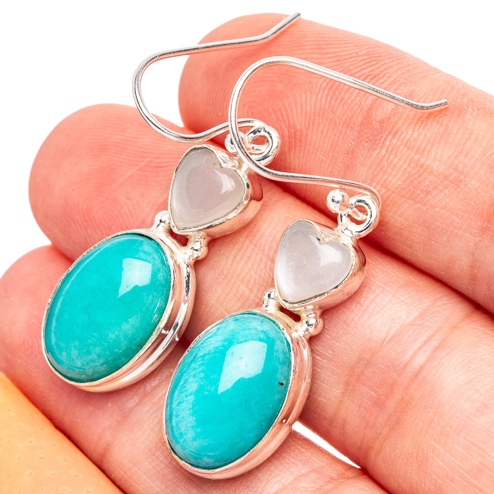 Amazonite, Rainbow Moonstone Heart Earrings 1 5/8" (925 Sterling Silver) E2758