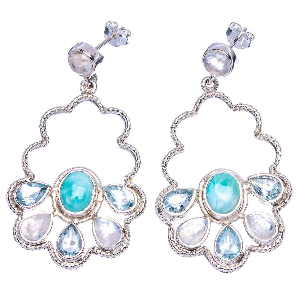 Signature Larimar, Rainbow Moonstone, Blue Topaz Earrings 2 1/8" (925 Sterling Silver) E1358