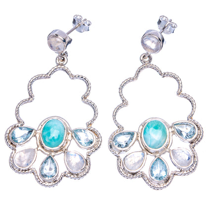 Signature Larimar, Rainbow Moonstone, Blue Topaz Earrings 2 1/8" (925 Sterling Silver) E1358