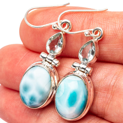 Rare Larimar, Blue Topaz Earrings 1 5/8" (.925 Sterling Silver)