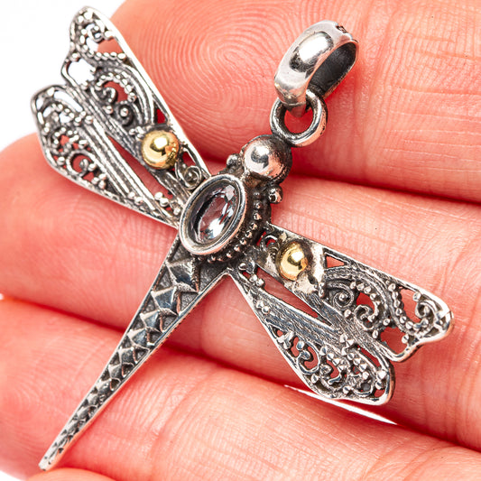 Dainty Blue Topaz Dragonfly Pendant 1 5/8" (.925 Sterling Silver)