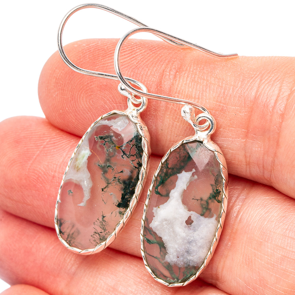 Green Moss Agate Earrings 1 5/8" (.925 Sterling Silver)