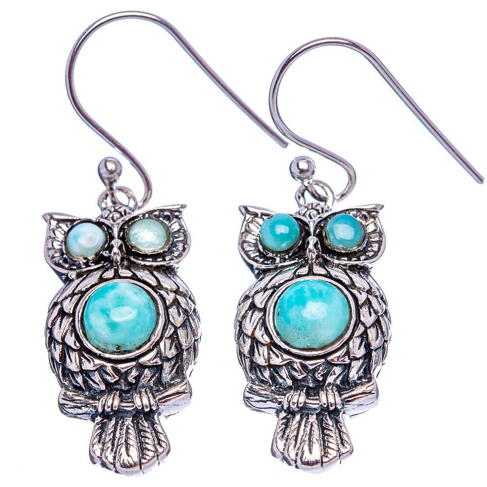 Dainty Larimar Owl Earrings 1 1/2" (.925 Sterling Silver)