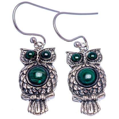 Dainty Malachite Owl Earrings 1 1/2" (.925 Sterling Silver)