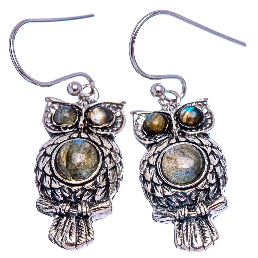 Dainty Labradorite Owl Earrings 1 1/2" (.925 Sterling Silver)