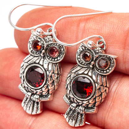 Dainty Garnet Owl Earrings 1 1/2" (.925 Sterling Silver)