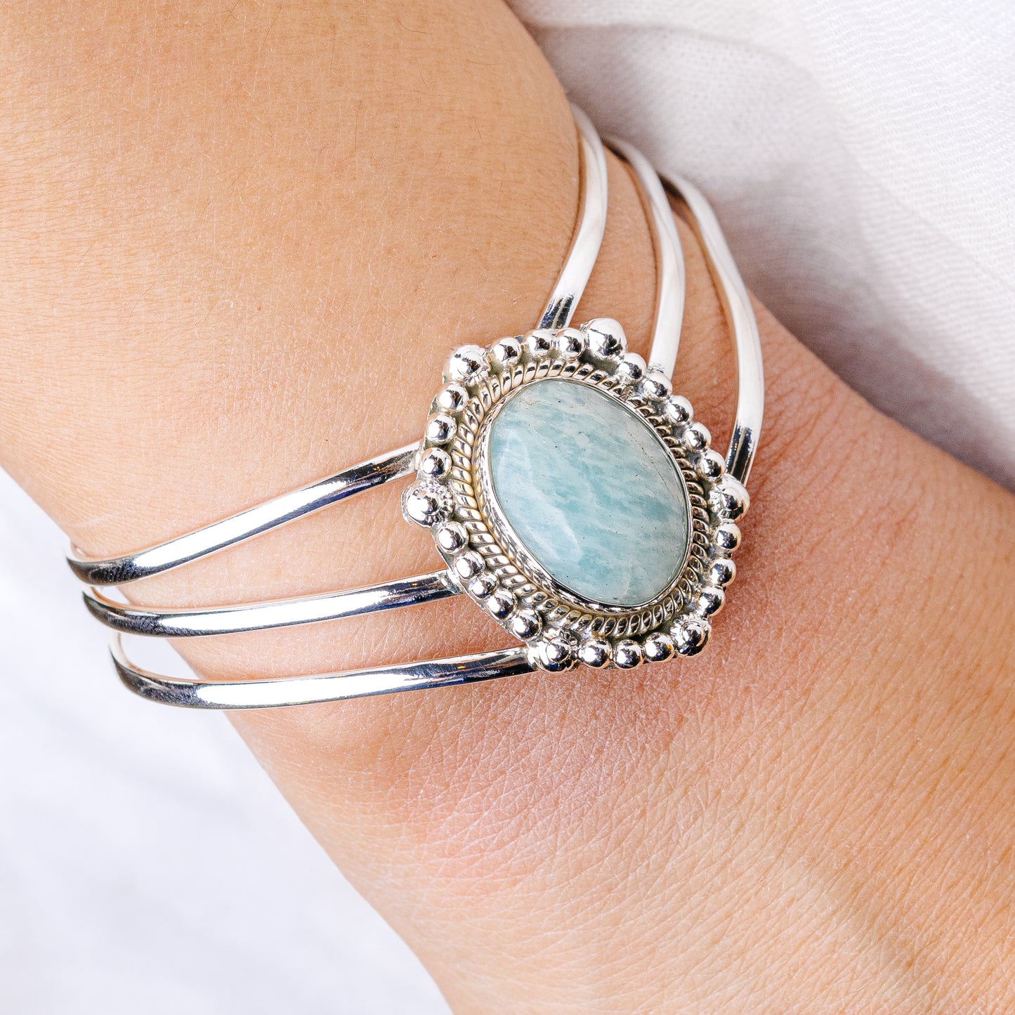 Amazonite Cuff Bracelet Adjustable (925 Sterling Silver) B90428