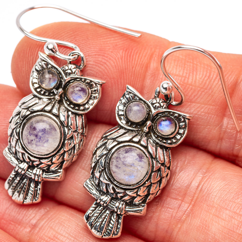 Dainty Rainbow Moonstone Owl Earrings 1 1/2" (.925 Sterling Silver)