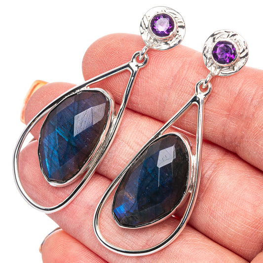 Signature Labradorite, Amethyst Earrings 2 1/8" (925 Sterling Silver) E1176