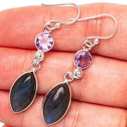 Labradorite, Amethyst Earrings 1 3/4" (.925 Sterling Silver)