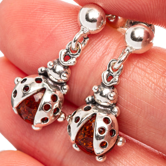 Baltic Amber Ladybug Earrings 7/8" (.925 Sterling Silver)