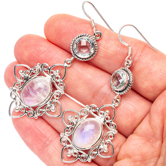 Signature Rainbow Moonstone, Blue Topaz Earrings 2 5/8" (925 Sterling Silver) E2693