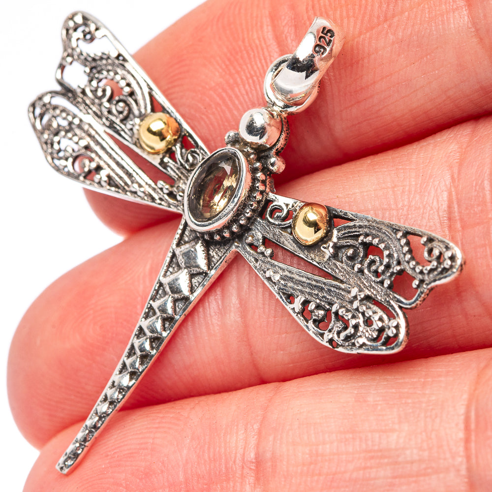 Dainty Citrine Dragonfly Pendant 1 5/8" (.925 Sterling Silver)