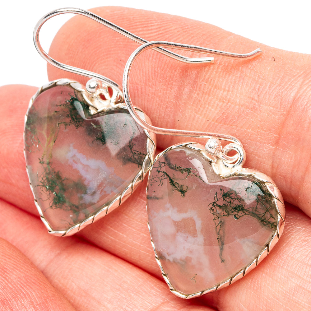 Green Moss Agate Heart Earrings 1 3/8" (.925 Sterling Silver)