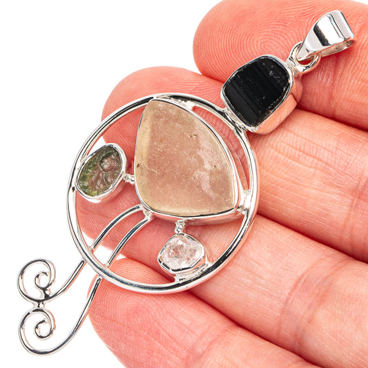 Signature Libyan Desert Glass, Czech Moldavite, Black Tourmaline, Herkimer Diamond Pendant 2 3/8" (925 Sterling Silver) P45070