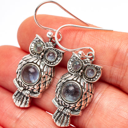 Dainty Aquamarine Owl Earrings 1 1/2" (.925 Sterling Silver)