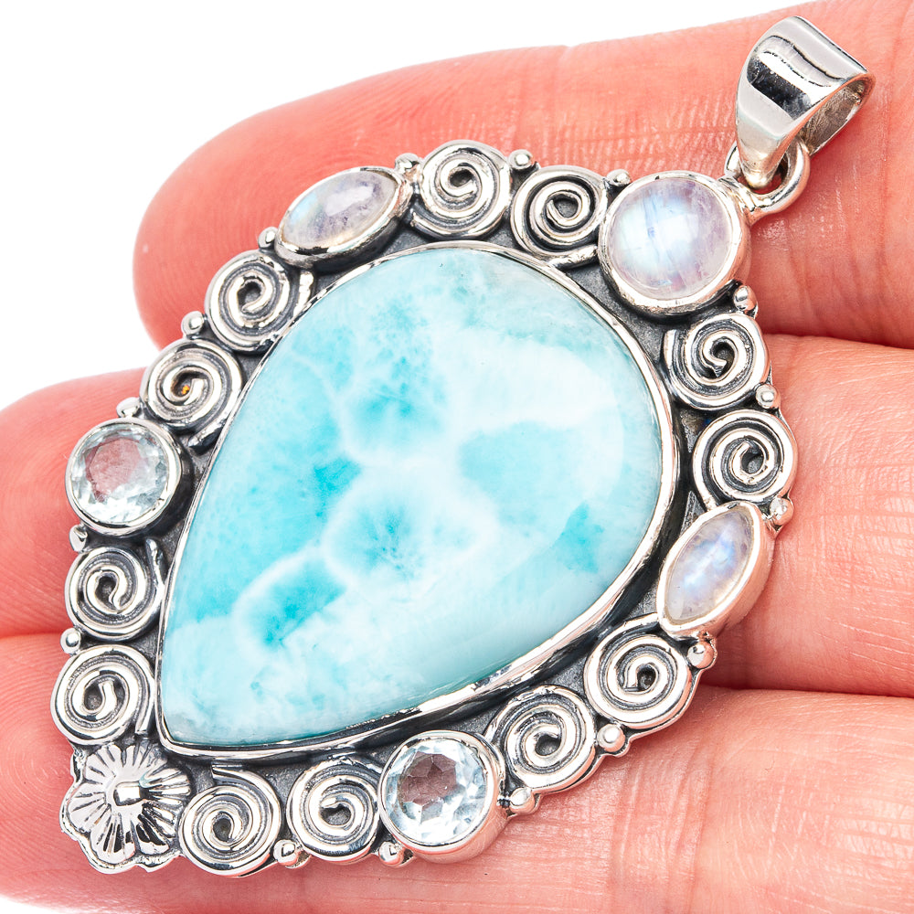 Signature Larimar, Rainbow Moonstone, Blue Topaz Pendant 2 1/8" (925 Sterling Silver) P42285