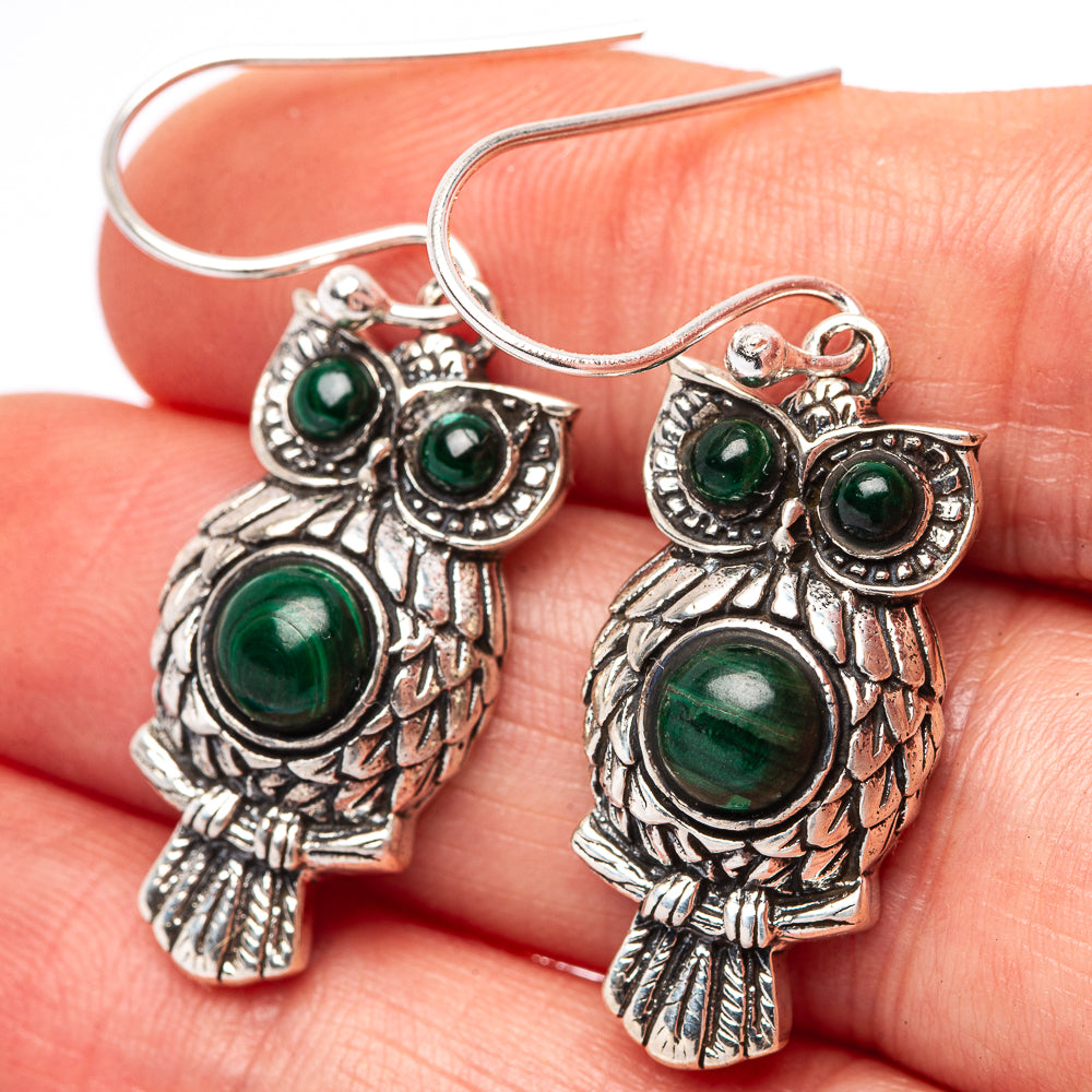 Dainty Malachite Owl Earrings 1 1/2" (.925 Sterling Silver)