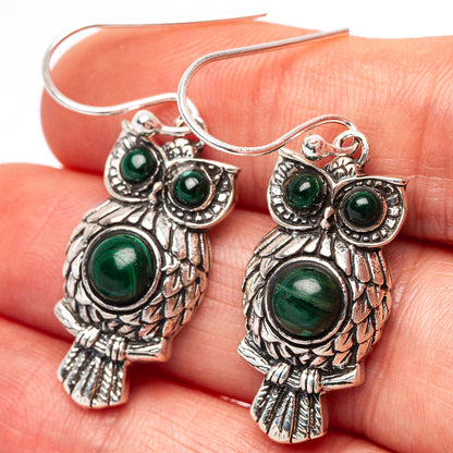 Dainty Malachite Owl Earrings 1 1/2" (.925 Sterling Silver)