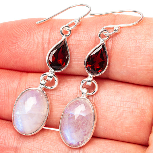 Rainbow Moonstone, Garnet Earrings 1 7/8" (.925 Sterling Silver)