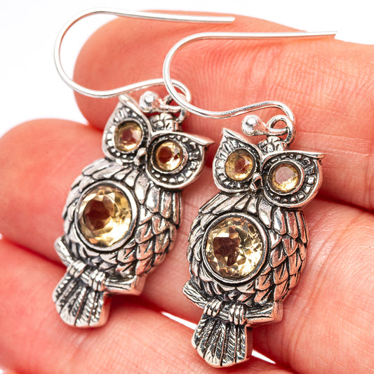 Dainty Citrine Owl Earrings 1 1/2" (.925 Sterling Silver)