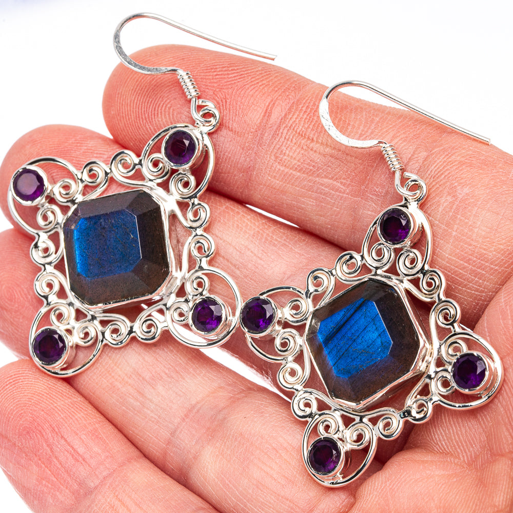 Signature Labradorite, Amethyst Earrings 2" (925 Sterling Silver) E2716