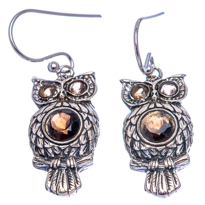 Dainty Smoky Quartz Owl Earrings 1 1/2" (.925 Sterling Silver)