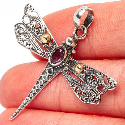 Dainty Amethyst Dragonfly Pendant 1 5/8" (.925 Sterling Silver)