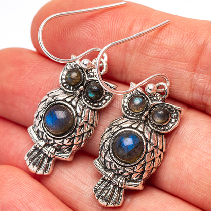 Dainty Labradorite Owl Earrings 1 1/2" (.925 Sterling Silver)