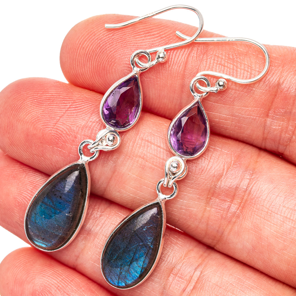 Labradorite, Amethyst Earrings 1 7/8" (.925 Sterling Silver)